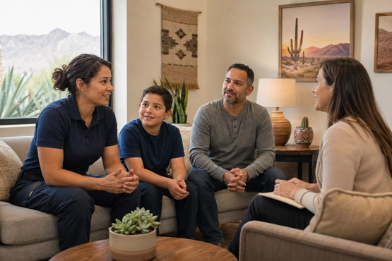 First Responder Family Therapy in Tucson First responder attending a family therapy session with her spouse and child in Tucson