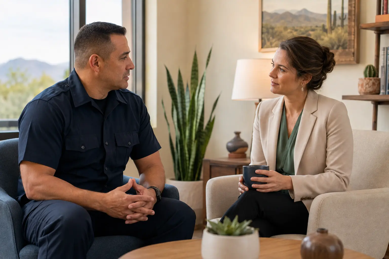 First Responder Mental Health Therapy in Tucson First responder speaking with a mental health therapist during a private counseling session in Tucson